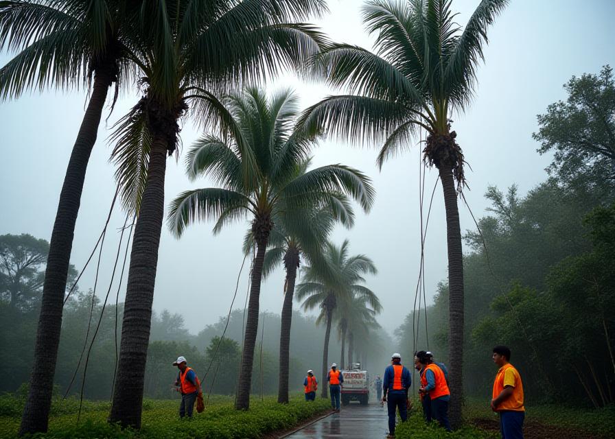 Team of professional landscapers securing tall palm trees with ropes and clearing low-hanging branches in preparation for a storm.