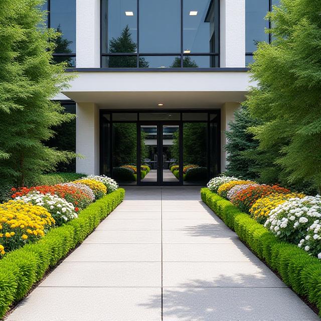 Elegantly manicured commercial plaza entrance with vibrant flower beds and trim hedges.