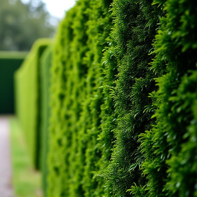 Perfectly sculpted green hedge with intricate patterns, showcasing expert pruning.