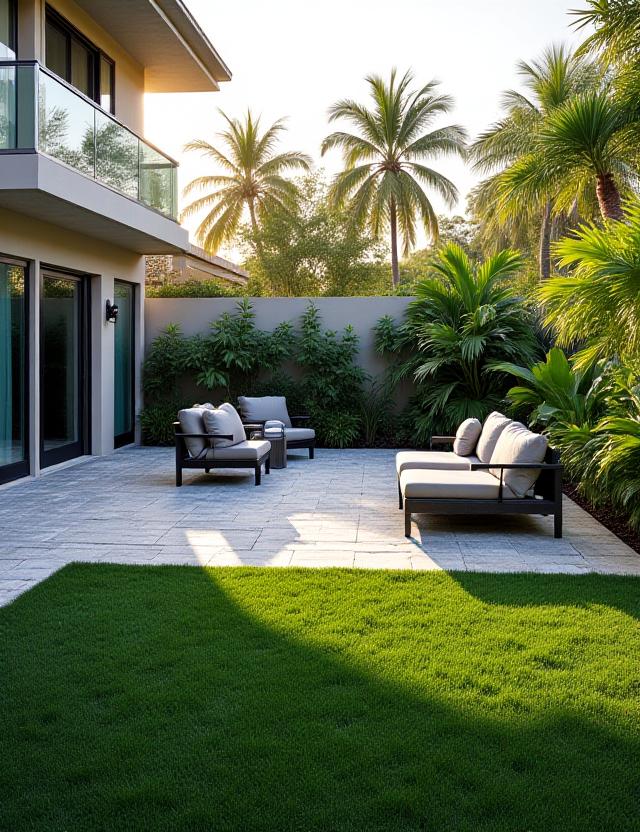 Luxurious residential backyard with a newly installed paver patio, lush green lawn, and tropical plants.