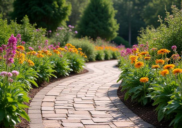 Interlocking stone paver walkway winding through a well-maintained garden with colorful flowers.