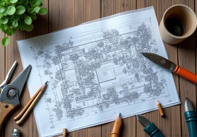 Detailed landscape design blueprint spread out on a wooden table with garden tools.