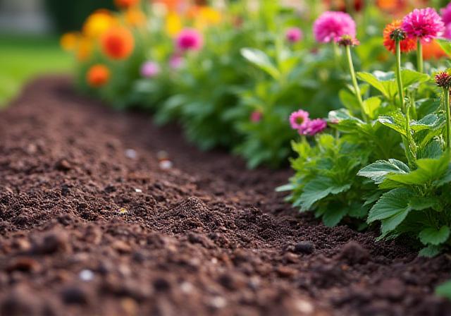 Fresh dark mulch spread evenly across a flowerbed, highlighting vibrant green plants.