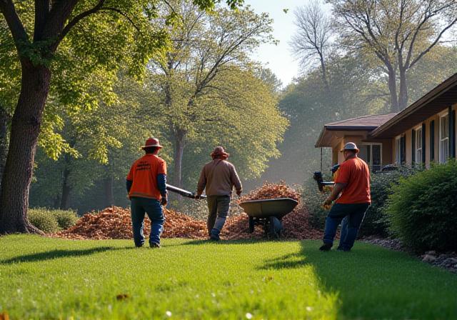 Team of landscapers efficiently clearing fallen branches and leaves from a large residential yard.