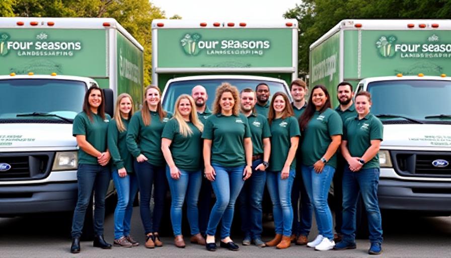 The Four Seasons Landscaping team proudly standing in front of their branded work trucks, ready for service in Opa-Locka.